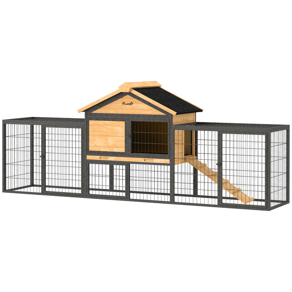 Wooden Rabbit Hutch Outdoor, 85" Large Bunny Cage with Steel Run Box, Removable Plastic Tray, Asphalt Roof, Ramp, Yellow