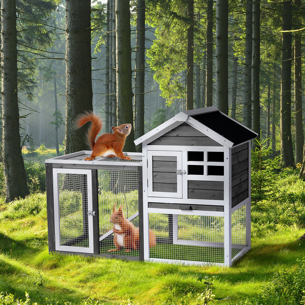 Wooden Rabbit Hutch Outdoor Chicken Coop Indoor Bunny Cage with Run, Guinea Pig House Pet House with Pull Out Upper Tray, Grey