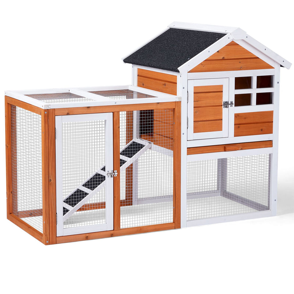 Wooden Rabbit Hutch Outdoor Chicken Coop Indoor Bunny Cage with Run, Guinea Pig House Pet House with Pull Out Upper Tray, Orange