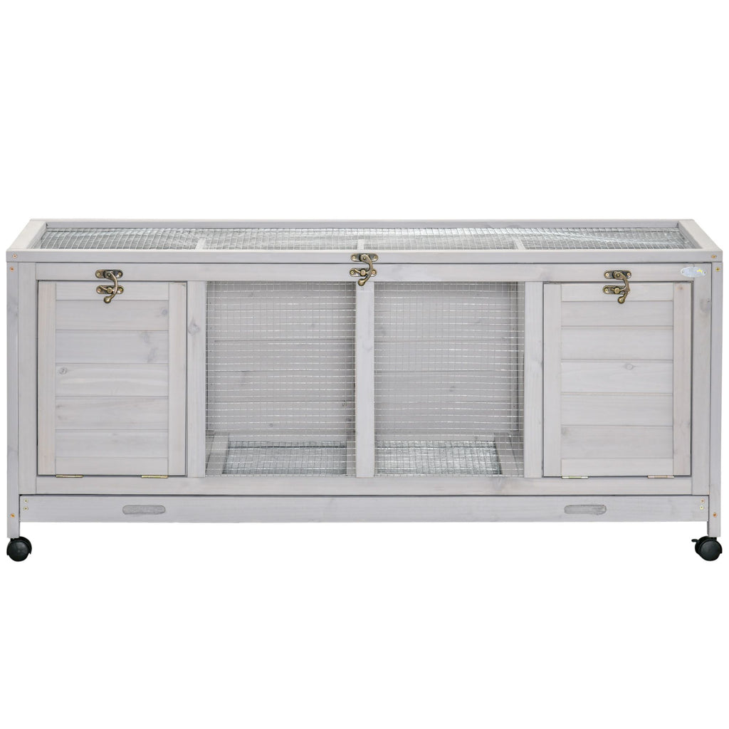 Wooden Rabbit Hutch with Wheels, Dividers for Indoor Use, Light Gray