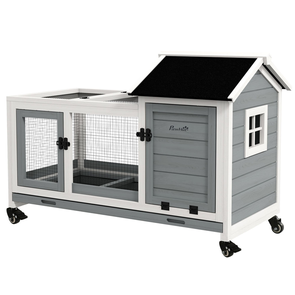 Wooden Rabbit Hutch with Wheels, Run, Slide-out Tray for Small Animals, Guinea Pig, Blue
