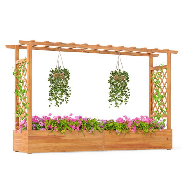 Wooden Raised Garden Bed with Trellis & Flat Roof, Open-Ended Base Planter Box for Climbing Plants/Vegetables/Flowers