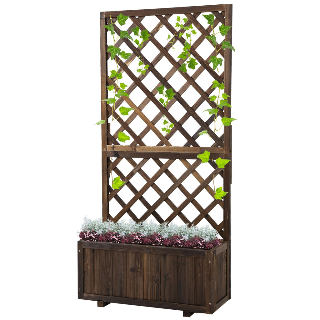 Wooden Raised Garden Bed with Trellis Planter Box Drain Holes for Climbing Vine Plants Brown