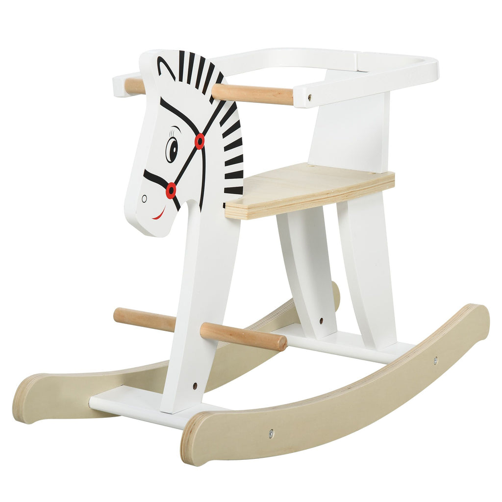 Wooden Rocking Horse, Classic Toddler Ride-On, Safe Traditional, White with Safety Bar, for 1-3 Years