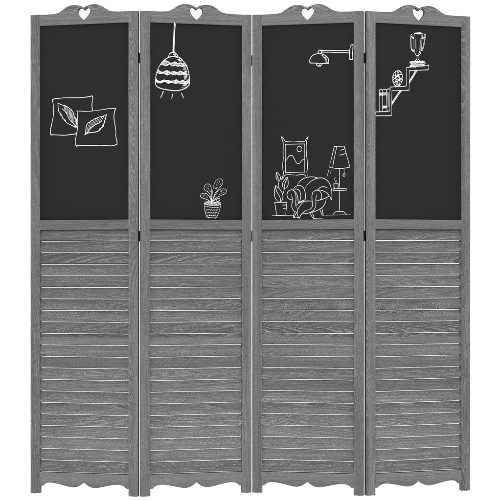 Wooden Room Divider with Blackboard 4 Panel Folding Privacy Screen 5.5ft for Home Office Gray