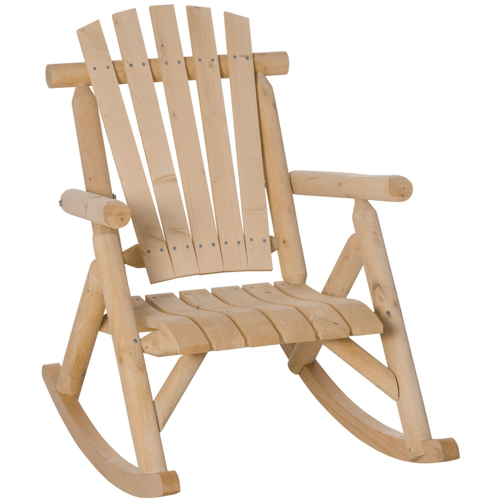 Wooden Rustic Rocking Chair, Indoor Outdoor Adirondack Log Rocker with Slatted Design for Patio, Lawn, Natural