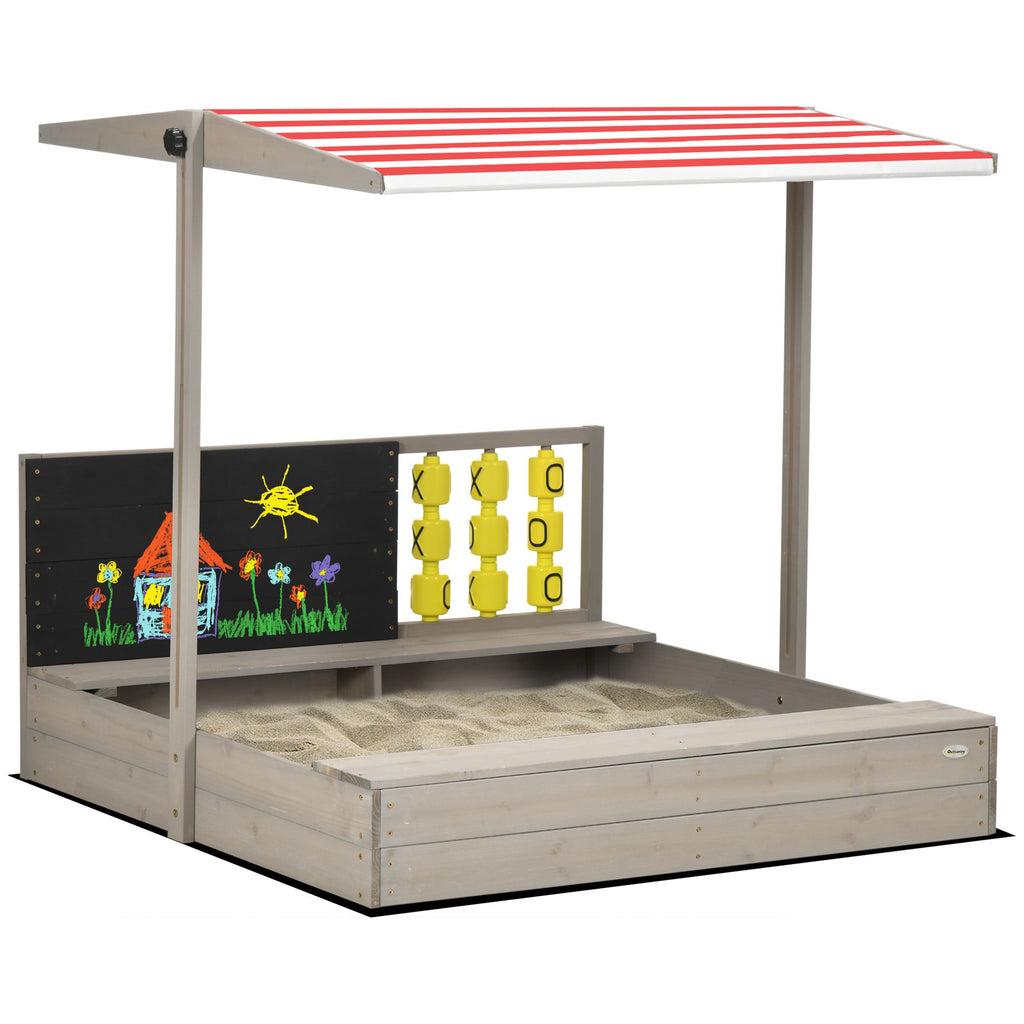 Wooden Sandbox for Kids, Outdoor Play with Adjustable Canopy, Bench Seats, Ground Liner, 45x45 in, Child-Friendly Design, Gray