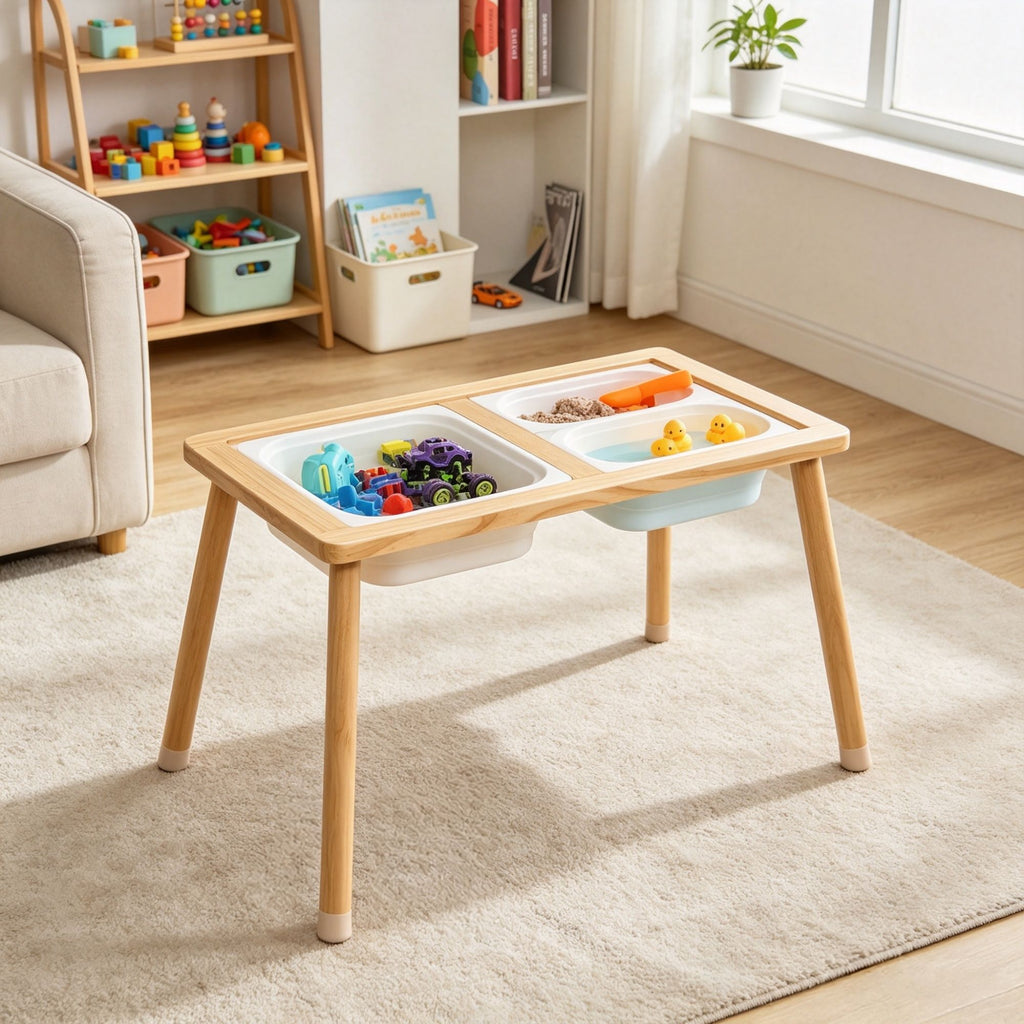 Wooden Sensory Table for Toddlers, Kids Activity Table with 3 Foldable Storage Bins & Paper Roll Holder, Indoor/Outdoor Sand & Water Play Table
