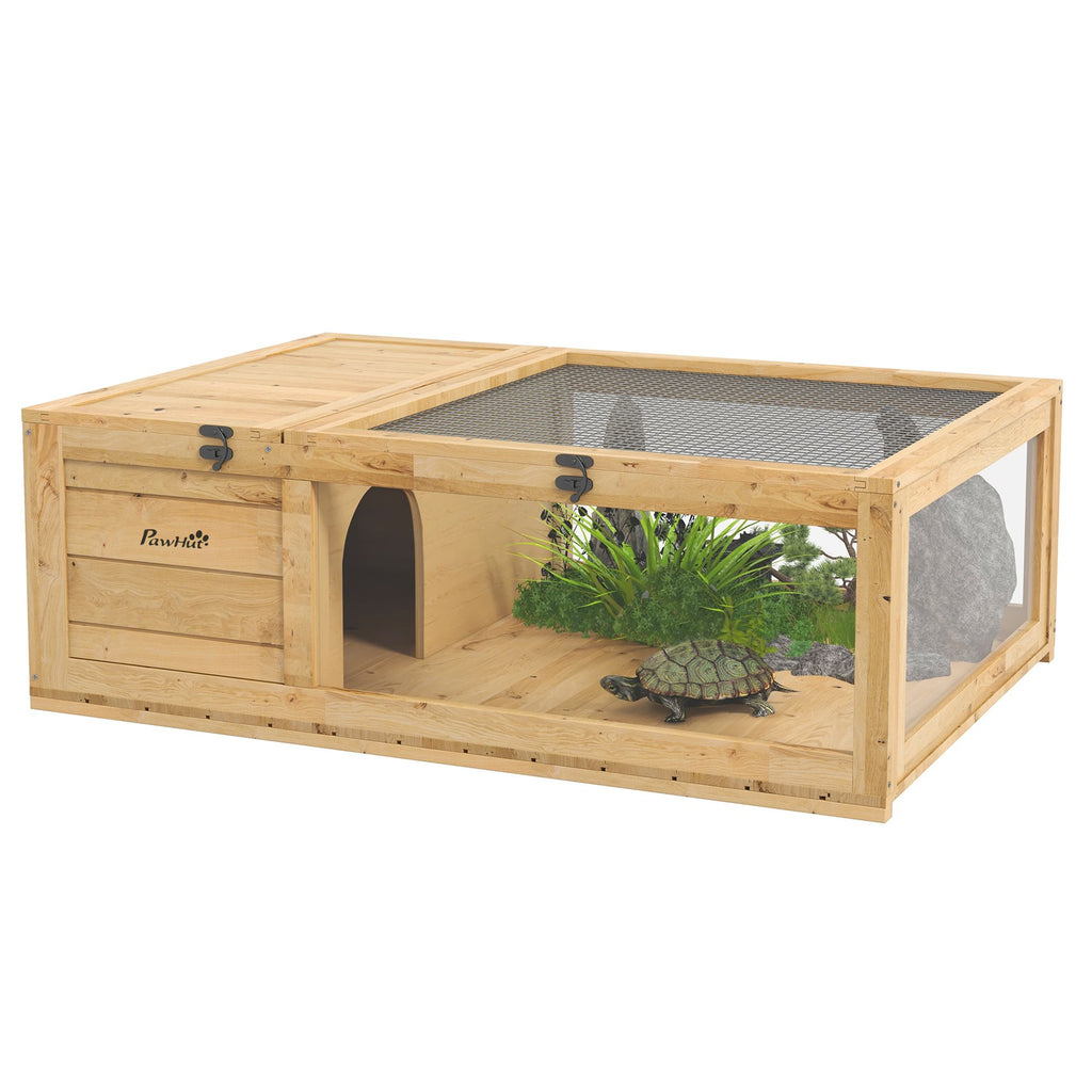 Wooden Tortoise House Indoor Outdoor Enclosure Top Access Yellow for Turtles Lizards