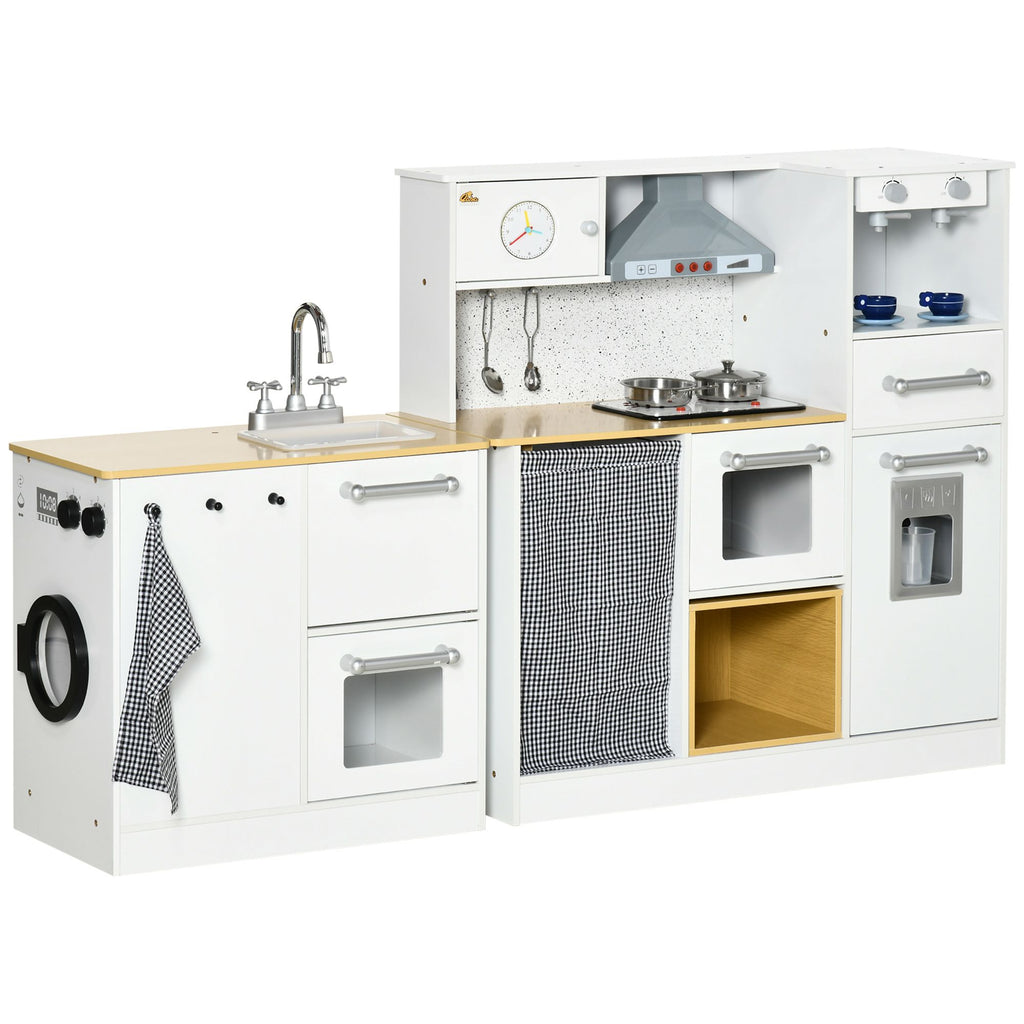 Wooden Toy Kitchen Set | Interactive Play with Lights & Sounds | Includes Oven, Coffee & Ice Maker, Microwave | White Pretend Playset