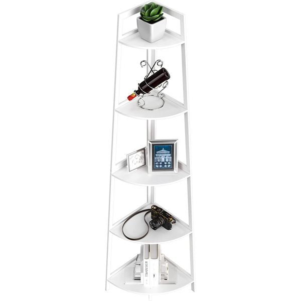 WTZ Corner Shelf 70 Inch Tall Bookshelf 5- Tier Industrial Corner Bookcase Corner Ladder Shelf Small Bookshelf Rustic Bamboo Stand for Living Room; Kitchen; Home Office White