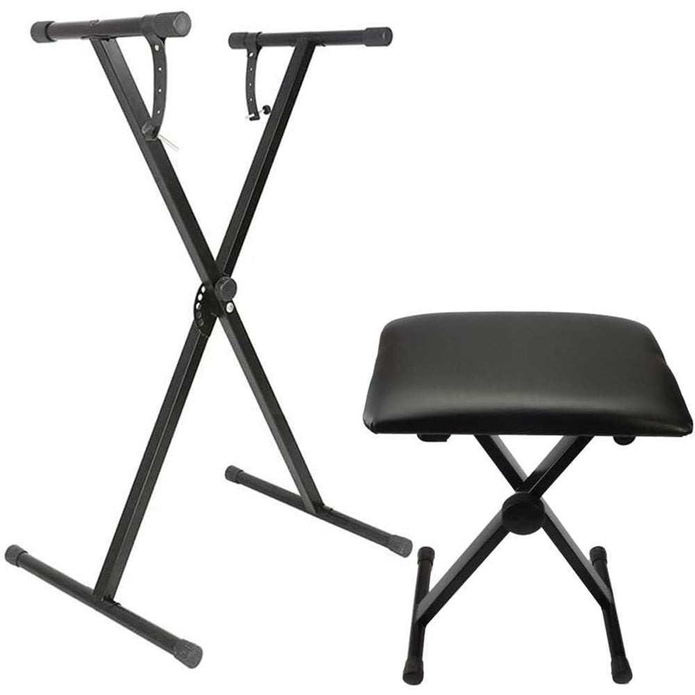 X-type Keyboard Stand + Adjustable Folding Piano Bench Stool Seat Black