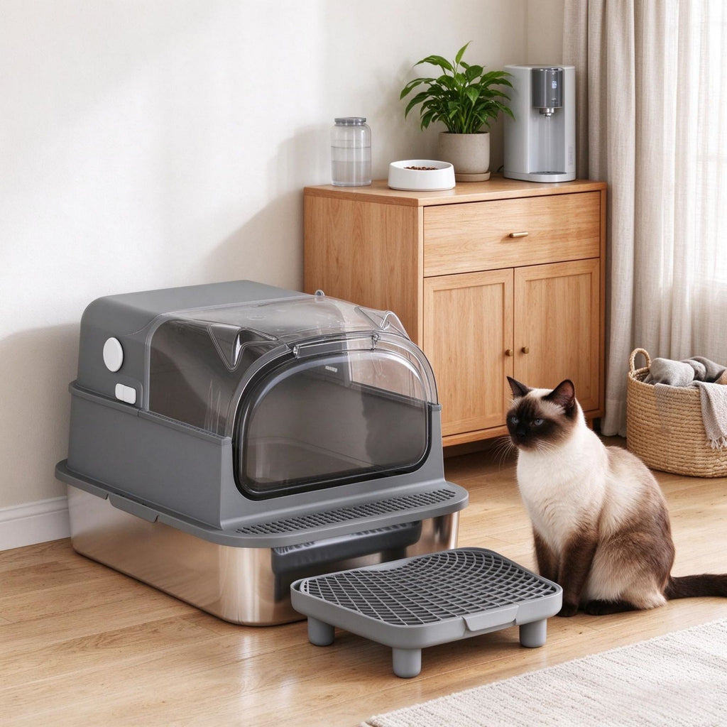 XXL Stainless Steel Cat Litter Box, Enclosed Design with Flip Lid & High Sides, Includes Step, Metal Scoop & 2 Deodorizing Bags