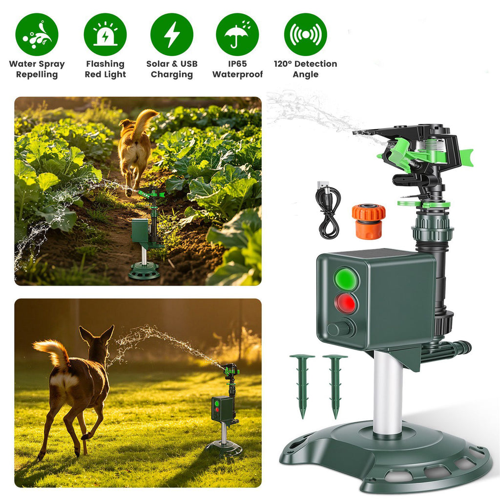 Yard Motion Activated Sprinkler Deterrent, Solar & USB Charging, Wide Coverage PIR Sensor, IP65 Weatherproof Water Sprayer for Outdoor Yard Protection
