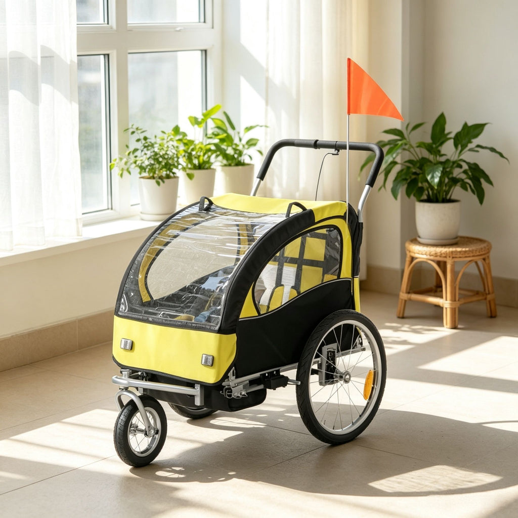Yellow 2-Seat 360 Swivel Bicycle Cargo Trailer, Kids Bike Trailer with Water-Resistant Windows