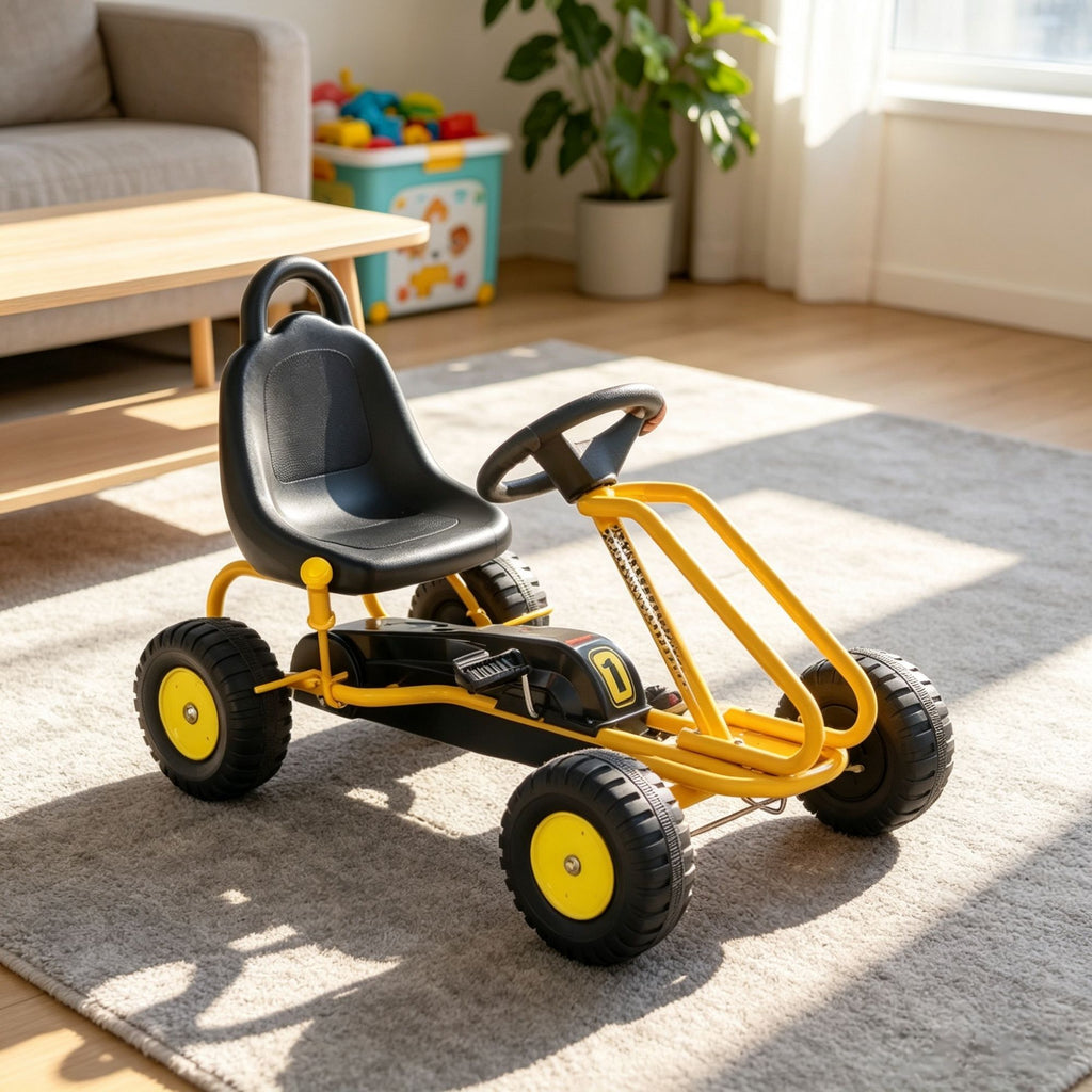 Yellow 4-Wheel Kids Pedal Go Kart Adjustable Seat, Hand Brake Safety System, for 3-6 Years Old Boys and Girls
