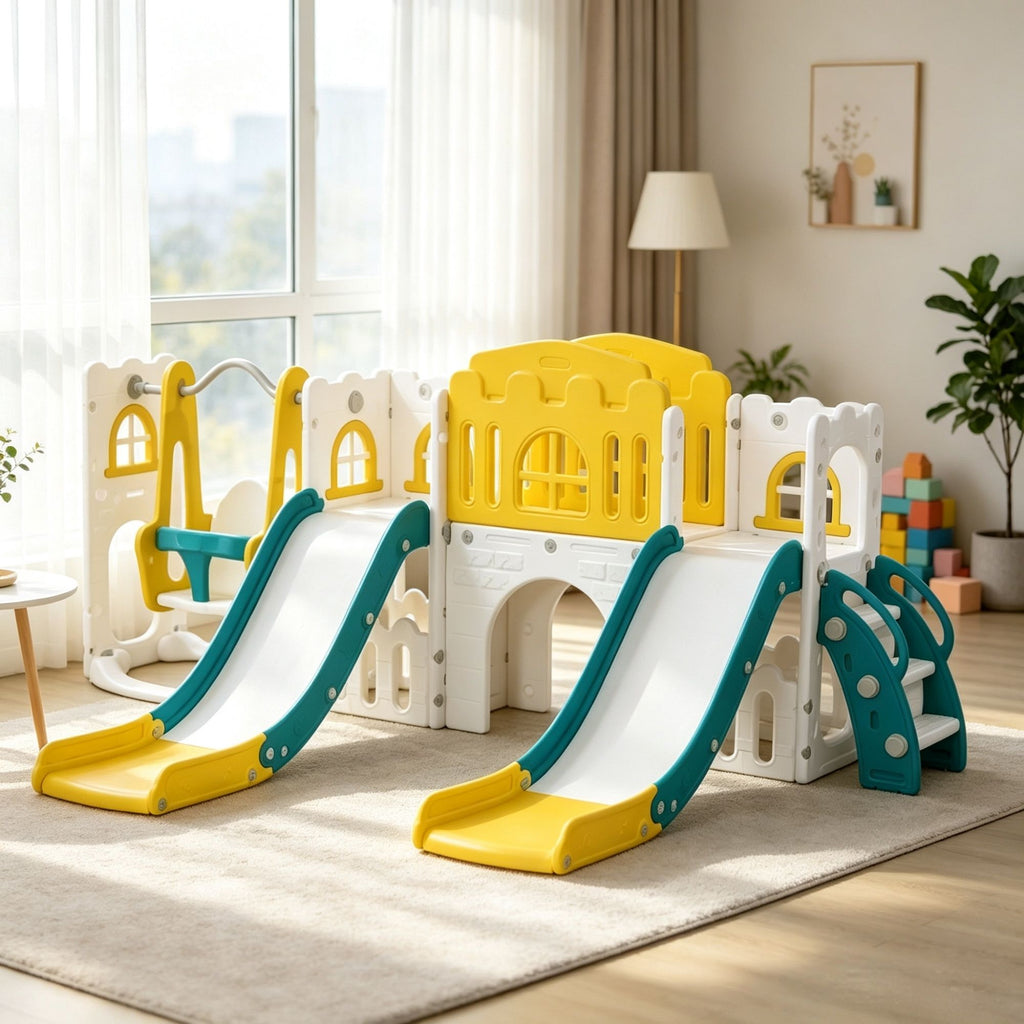 Yellow 8-in-1 Toddler Playground Set Slide & Swing, 2 Slides, Basketball Hoop, Climber, Storage Telescope