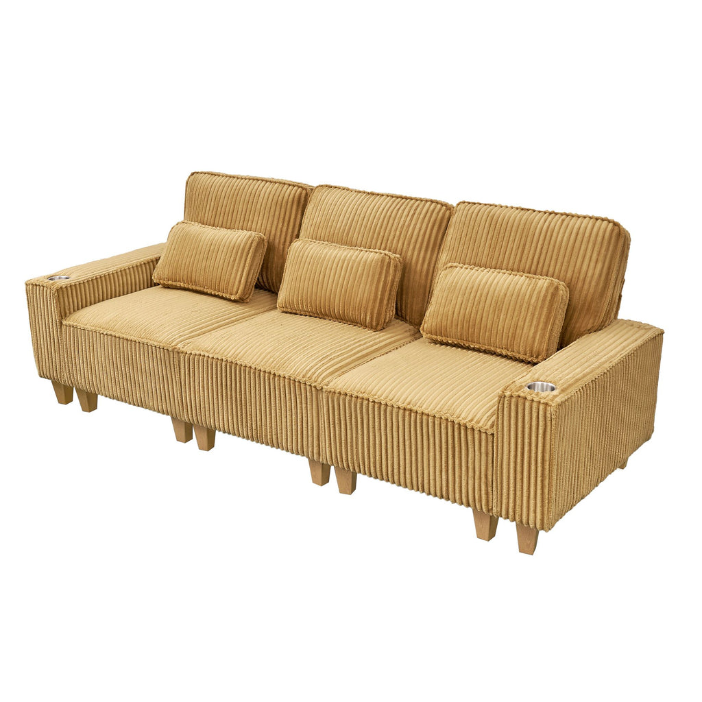 Yellow Deep Seat 3-Seater Corduroy Sofa with Brushed Stainless Steel Cup Holders and 3 Decorative Pillows, Modern Comfort Couch for Living Room