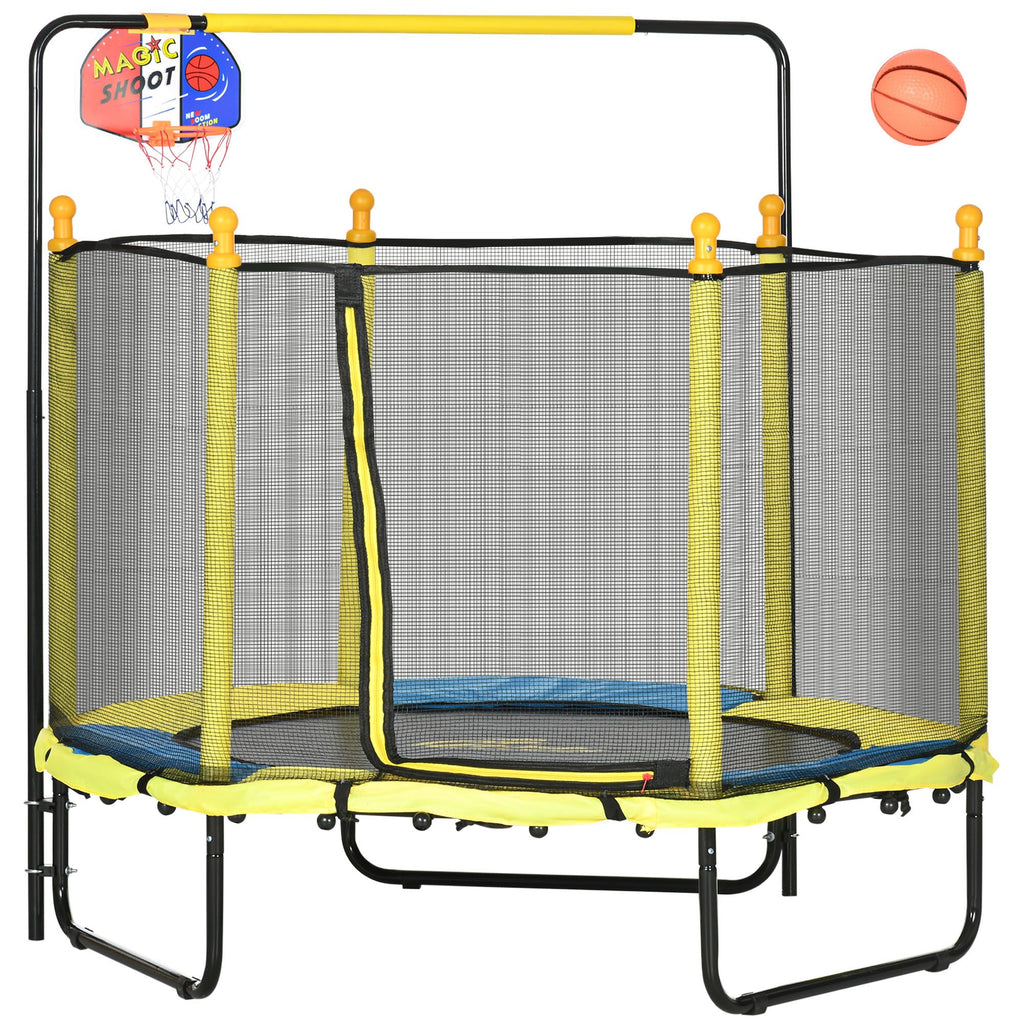 Yellow Kids Indoor Trampoline, 55 Inch with Enclosure Net, Horizontal Bar, and Basketball Hoop, for Ages 1-10
