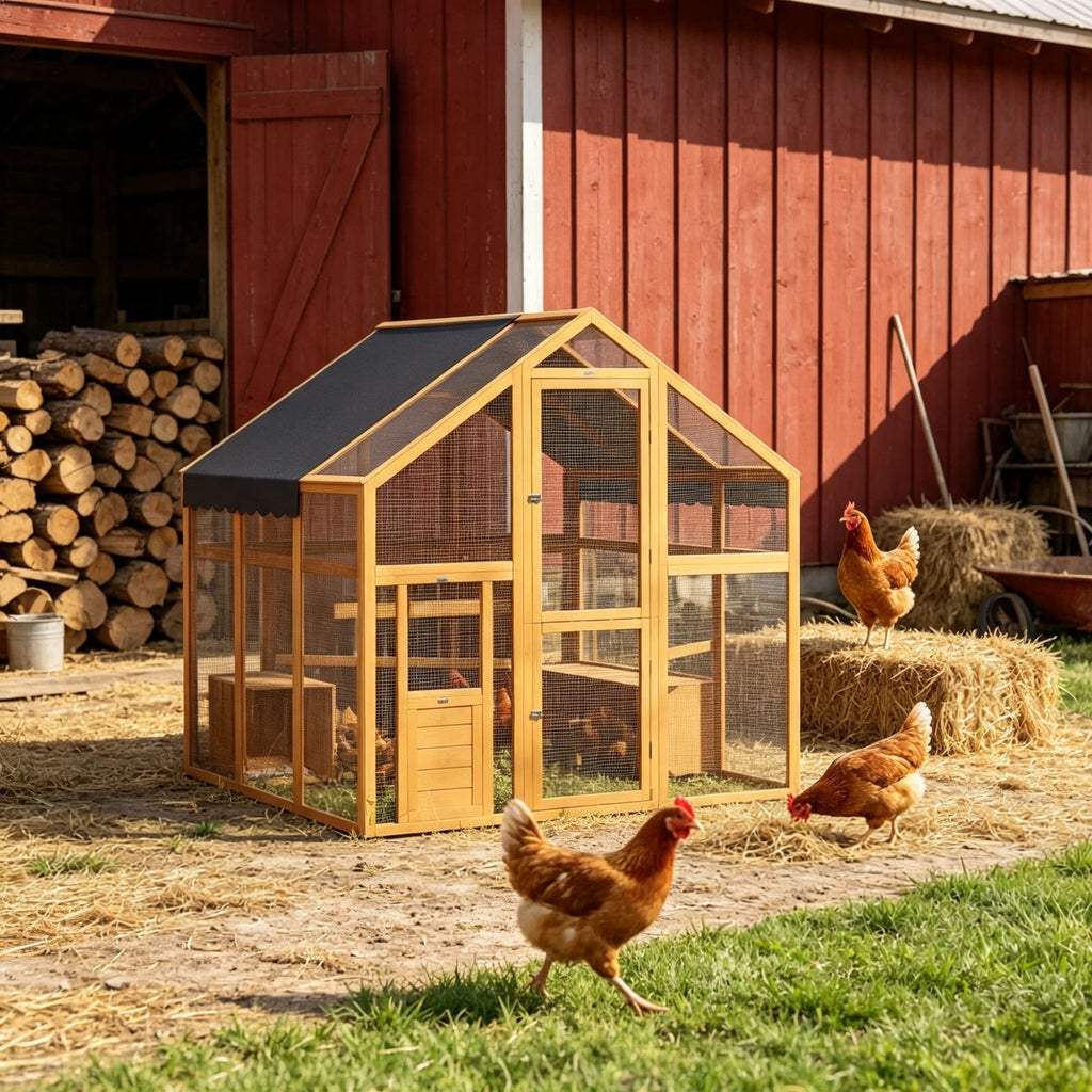 Yellow Large Wooden Chicken Run, for 6-8 Chickens, Waterproof & Anti-UV Cover for Backyard Farm