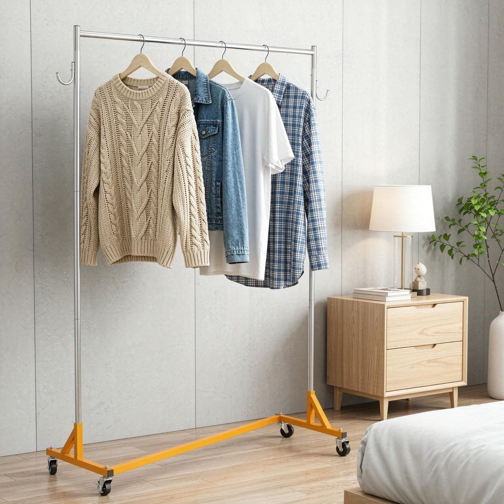Z Rack Industrial Grade 3 Pack, Height Adjustable Rolling Z Base Garment Rack, Clothing Rack with Lockable Casters for Home Clothing Store Display, Orange(Only shelves)