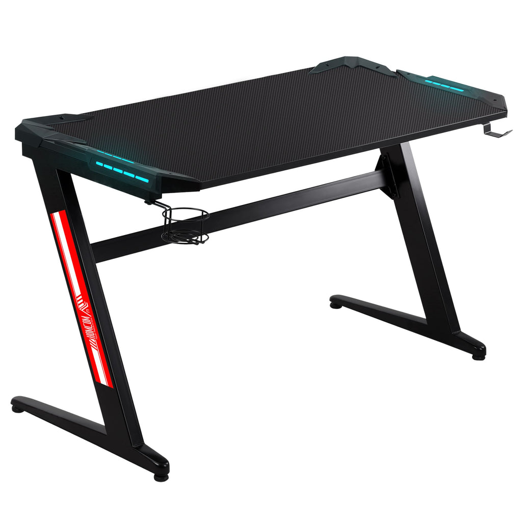 Z-Shaped Gaming Desk with Corner Cover Cup Holder Headphone Hook Black