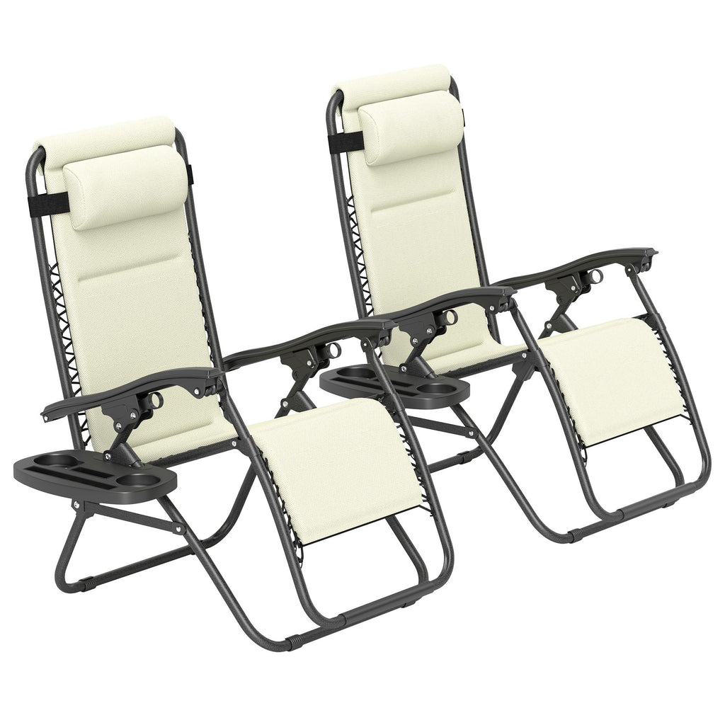Zero Gravity Lounge Chair Set, 2 Pieces Reclining Folding Outdoor Lounge Chairs with Headrest Side Tray, Cream